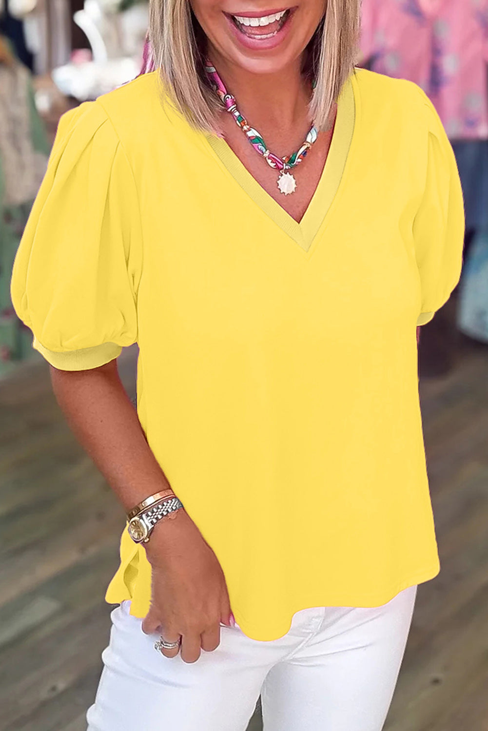 Bonbon Solid Color V Neck Short Puff Sleeve Blouse