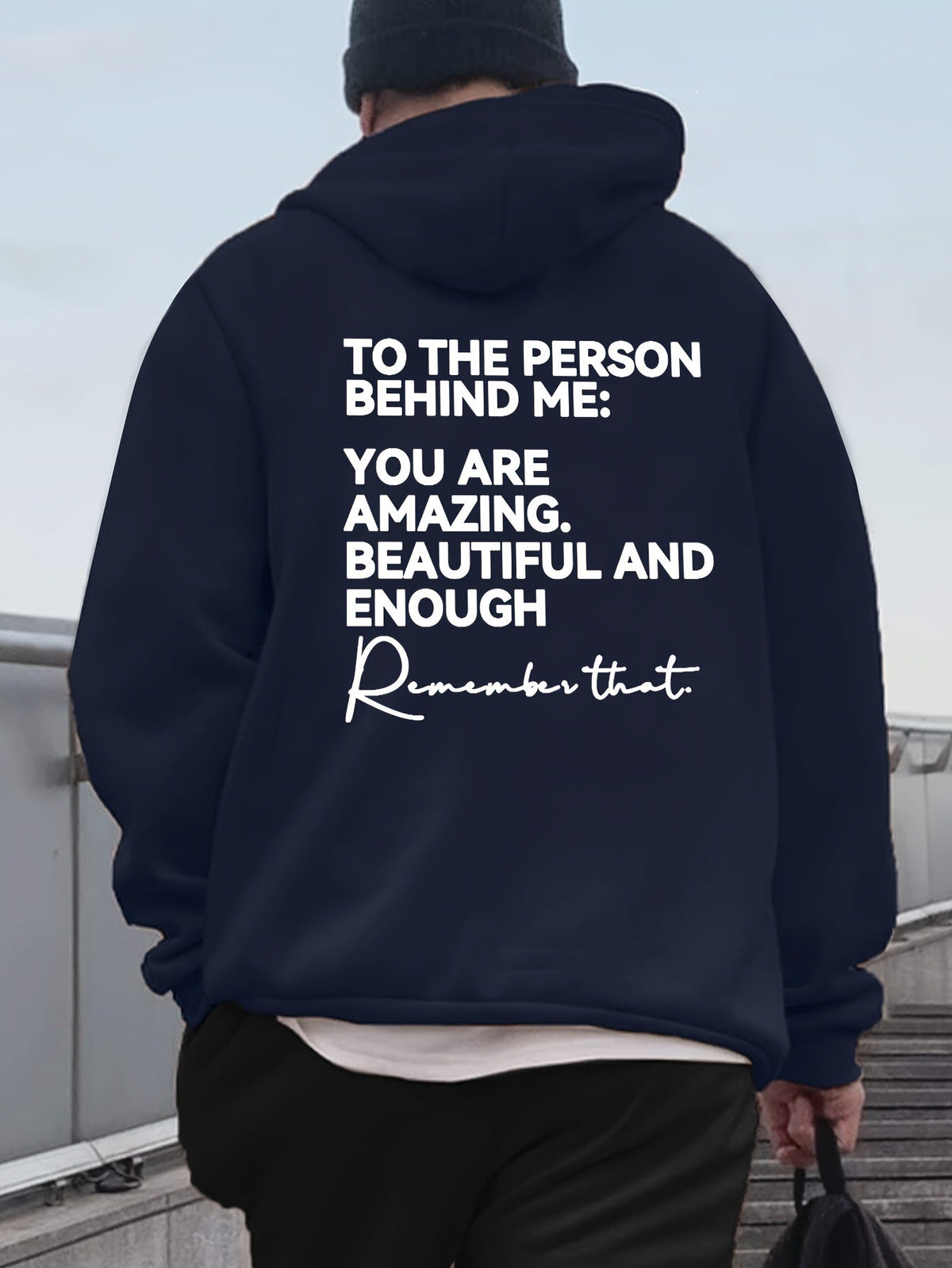 Loose-fit Drop-shoulder Hooded Sweatshirt With English Print On The Back