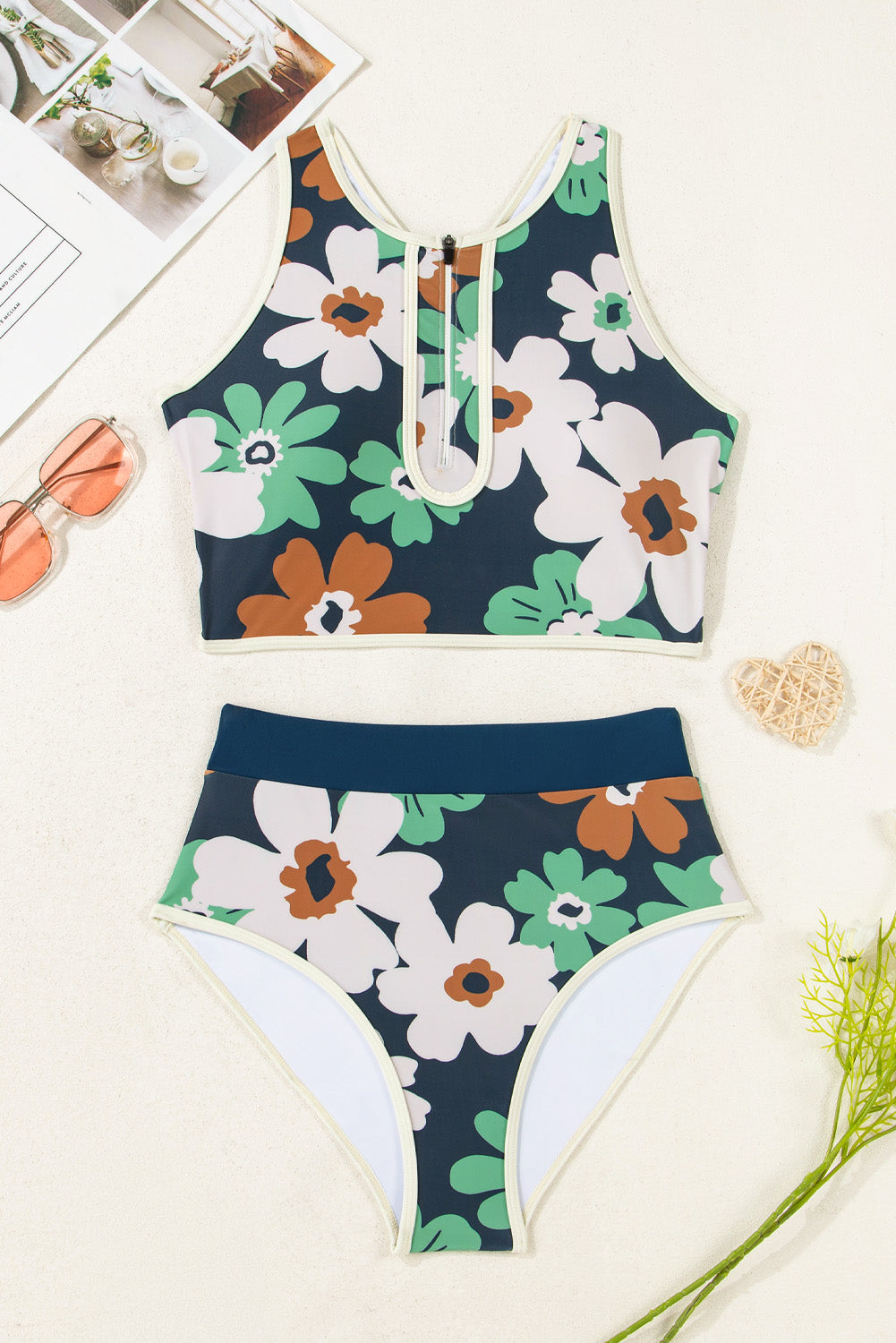 Bikini de talle alto con cremallera y espalda nadadora estampado de flores azules