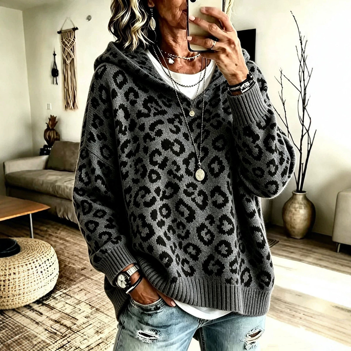 New Fallwinter Womens Leopard-print Hooded Knit Sweatshirt