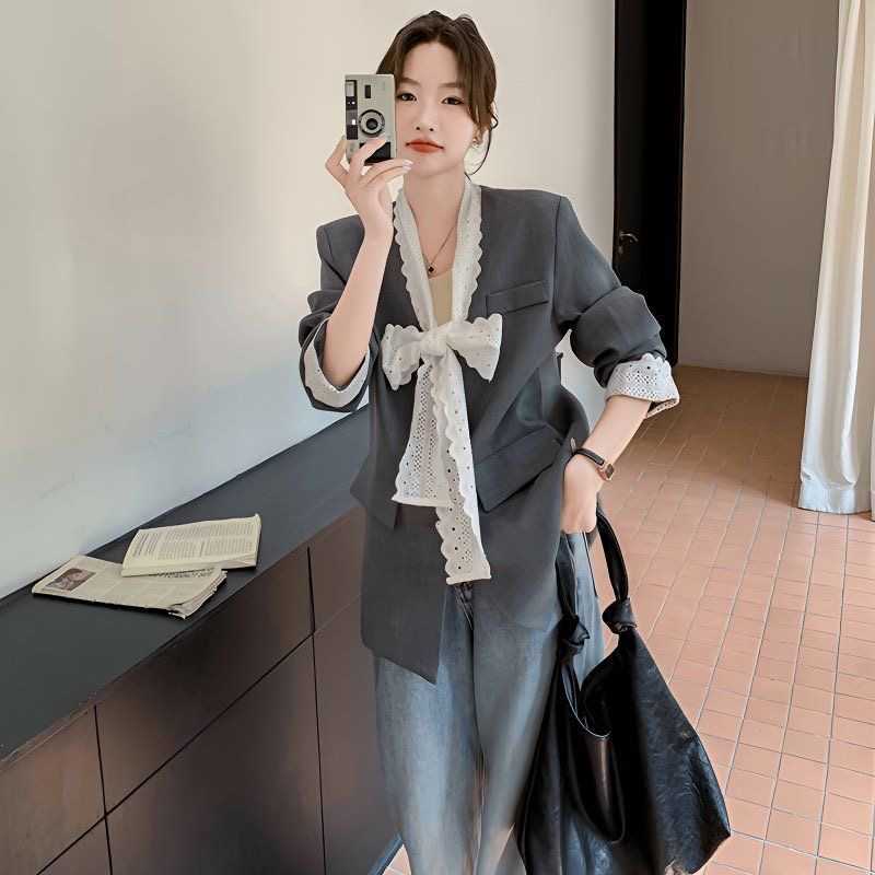 Lace-Panel Gray Casual Blazer