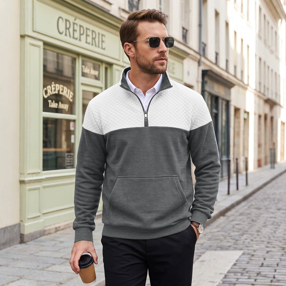Cross Border American Men's Waffle Casual Stand Collar Zipper Pullover Small Square Long Sleeve Sweater TK Rhombus Jacket