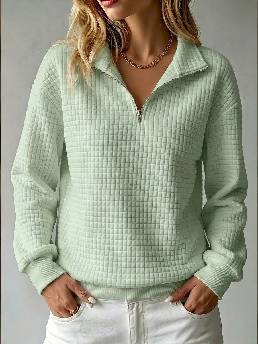 Loose-fit Waffle-knit Stand-collar Zip-up Long-sleeve Womens Sweatshirt