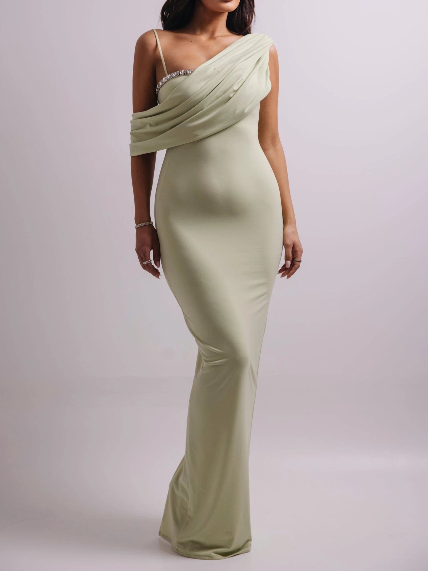 Light Green Off-The-Shoulder Rhinestone Bodycon Dress