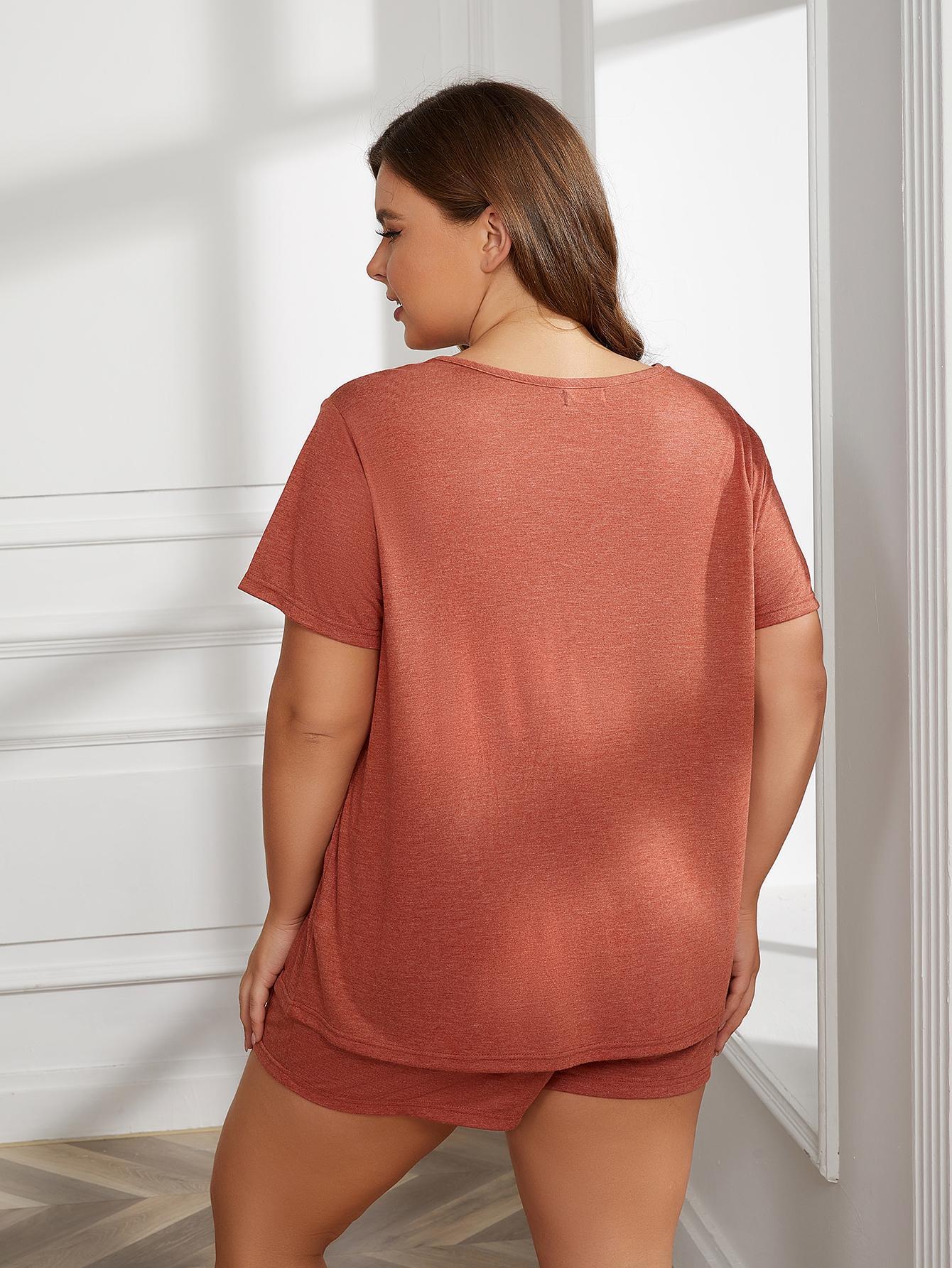Conjunto de Loungewear de Dos Piezas de Talla Grande con Cuello Redondo y Manga Corta