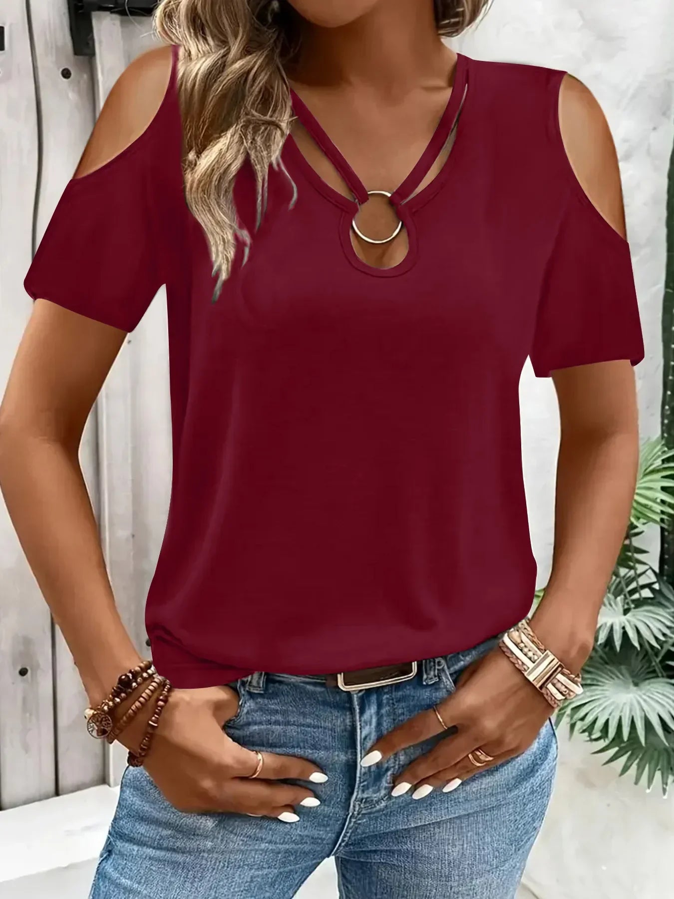 Cold Shoulder T-Shirt with Metal Ring Detail