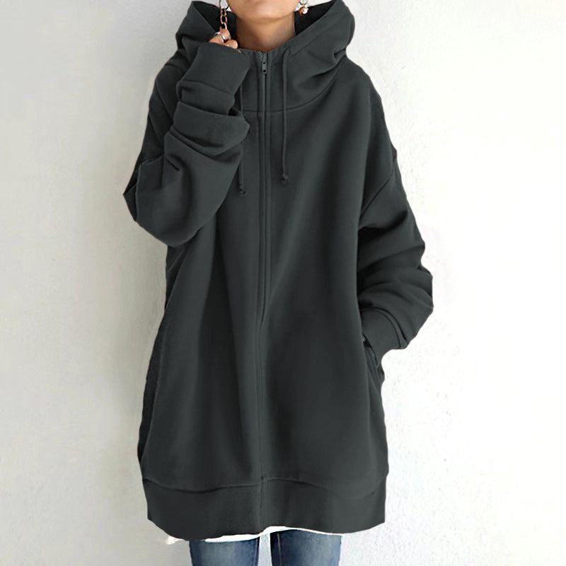 Oversized S-5XL Women Loose Hooded Coats Autumn Female Tie Collar Long Sleeve Zipper Up Add Velvet Long Sweatshirt
