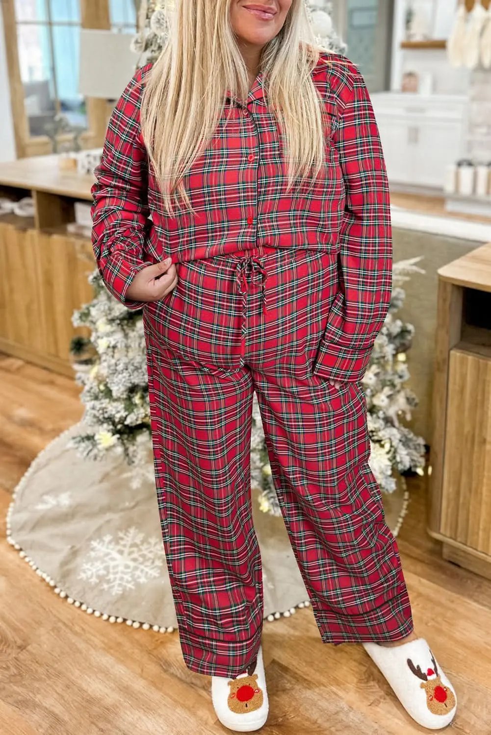 Pants Love Salve Red Plaid Lounge Set Women's Plus Size Pajama Set Comfy & Stylish
