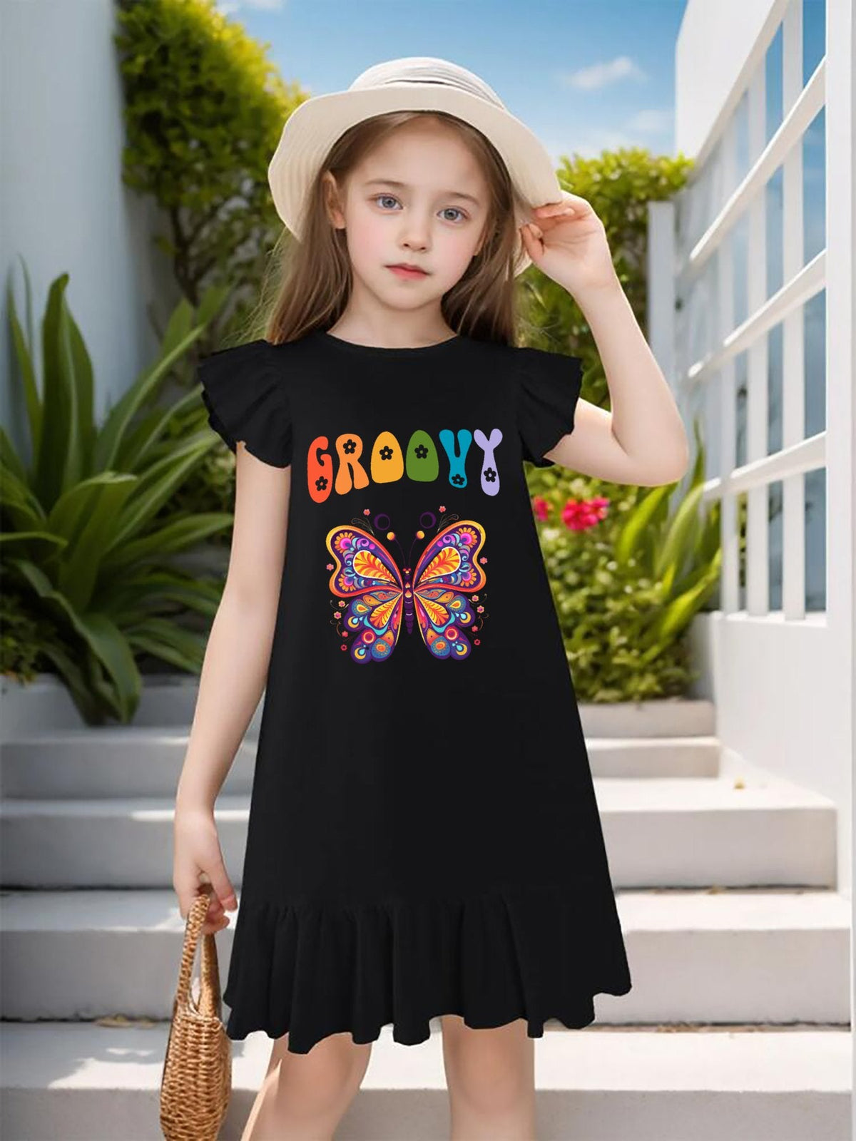 Groovy Butterfly Flutter Sleeve Dress for Girls (Front Printing)