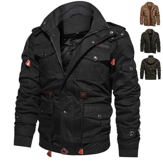 Abrigo de invierno con cremallera, cálido, engrosado, con capucha desmontable, chaqueta multibolsillos, botones, cordón, manga larga, tops de ropa cargo para hombre
