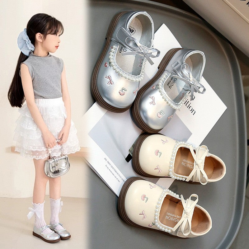 New Spring Girls Leather Shoes, Toddler Sweet Cherry & Bow Princess Shoes, Pearl Trim Soft Sole Kids Flats