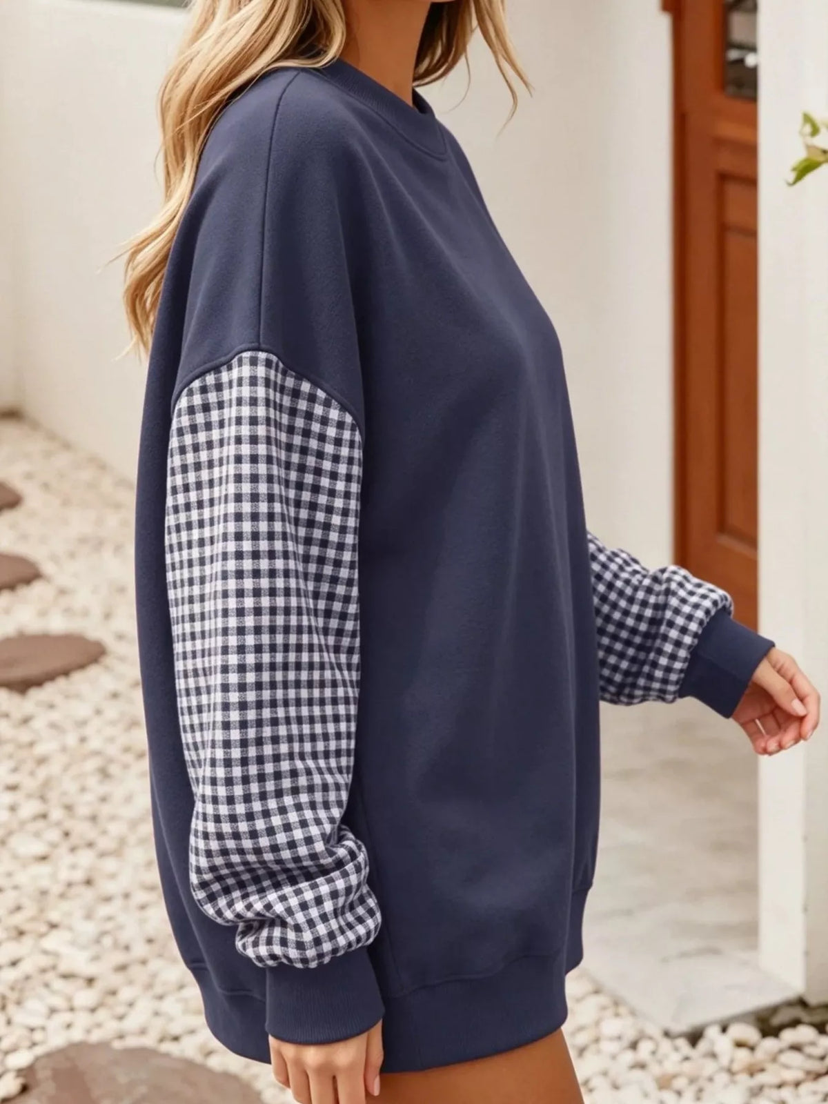 Contrast Gingham Long Sleeve Sweatshirt