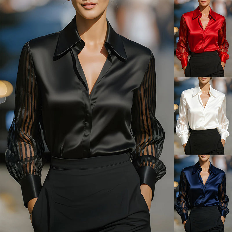 Blusa de satén con cuello solapa para mujer - Camisa transparente de manga larga con botones para oficina y primavera/otoño
