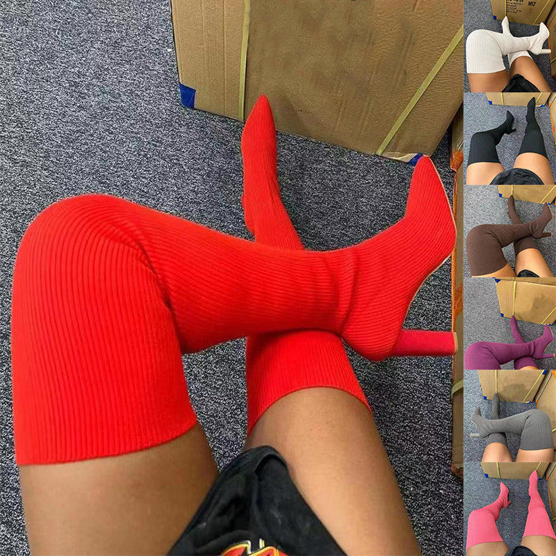 Women's Over-the-Knee Pointed-Toe High-Heel Knit Boots