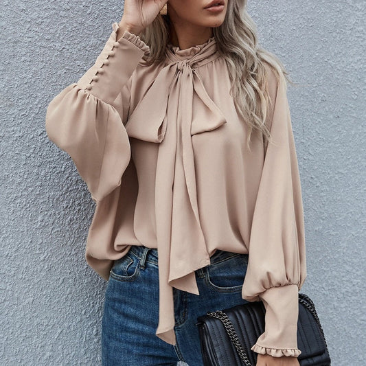 Blusa de manga larga Ins, lazo, mangas abullonadas, moda, estilo ejecutivo, blusas de oficina para mujer. Consulta la tabla de tallas en "más detalles".