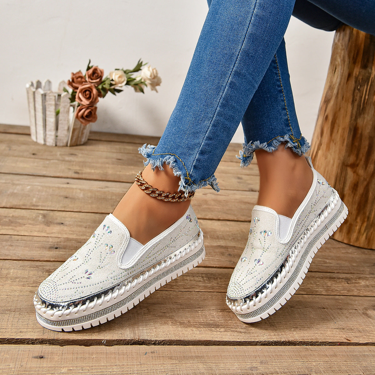 Rhinestone Platform Slip-On Sneakers