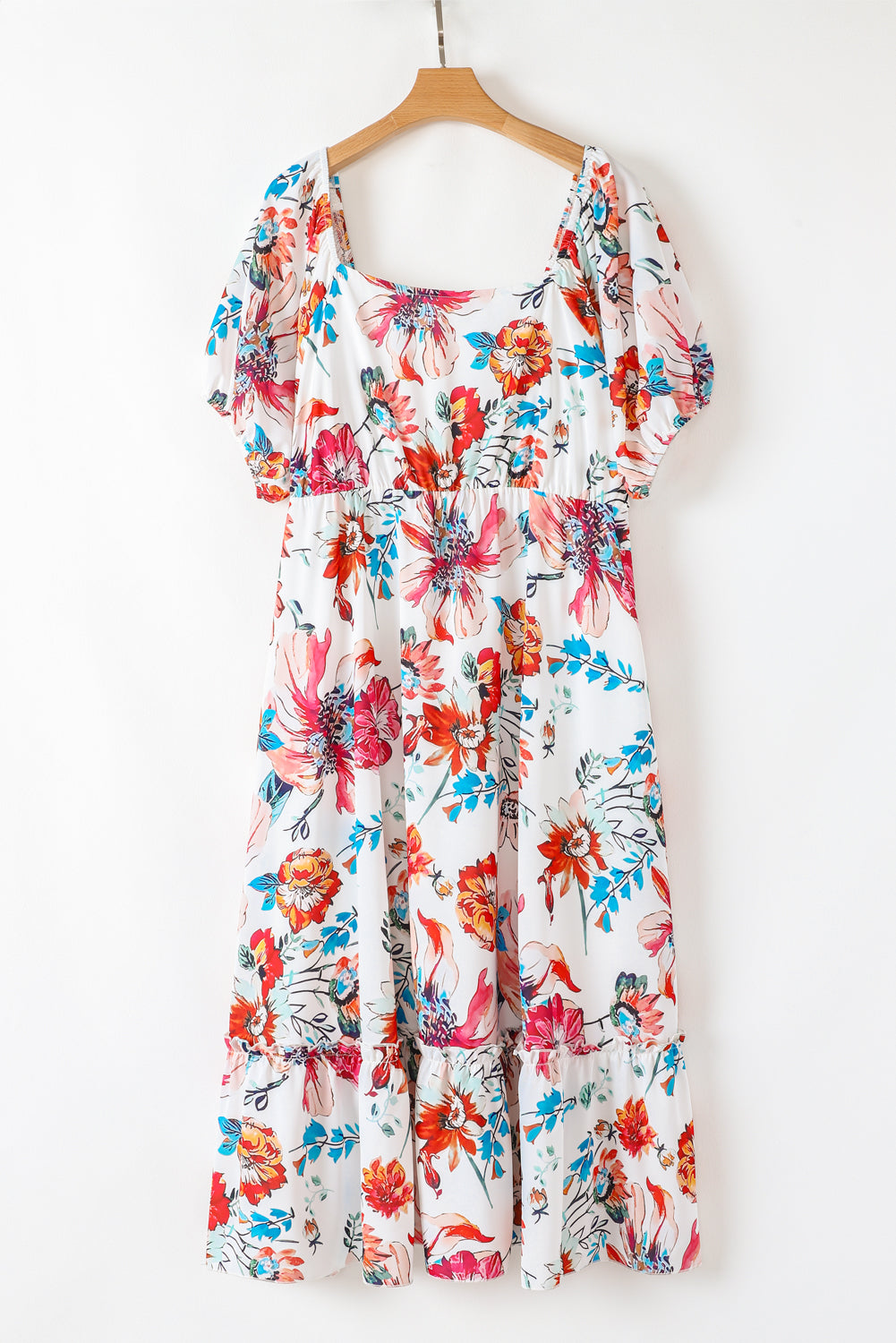 Vestido Midi Fluido de Talla Grande con Escote Cuadrado, Mangas Abullonadas y Estampado Floral Blanco