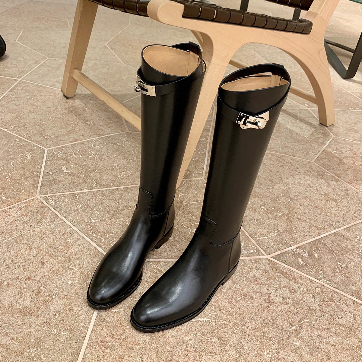 Round Head Metal Buckle Below The Knee Knight Boots