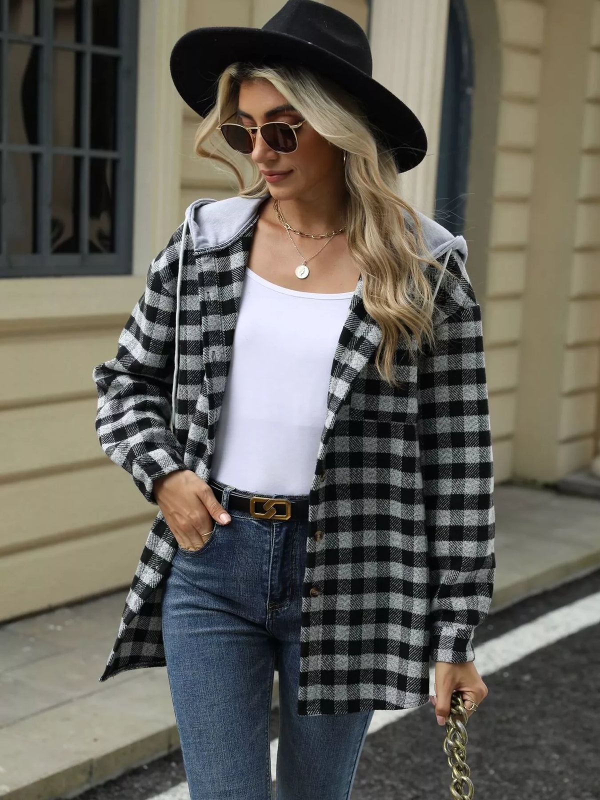 Plaid Button Up Long Sleeve Drawstring Hooded Jacket