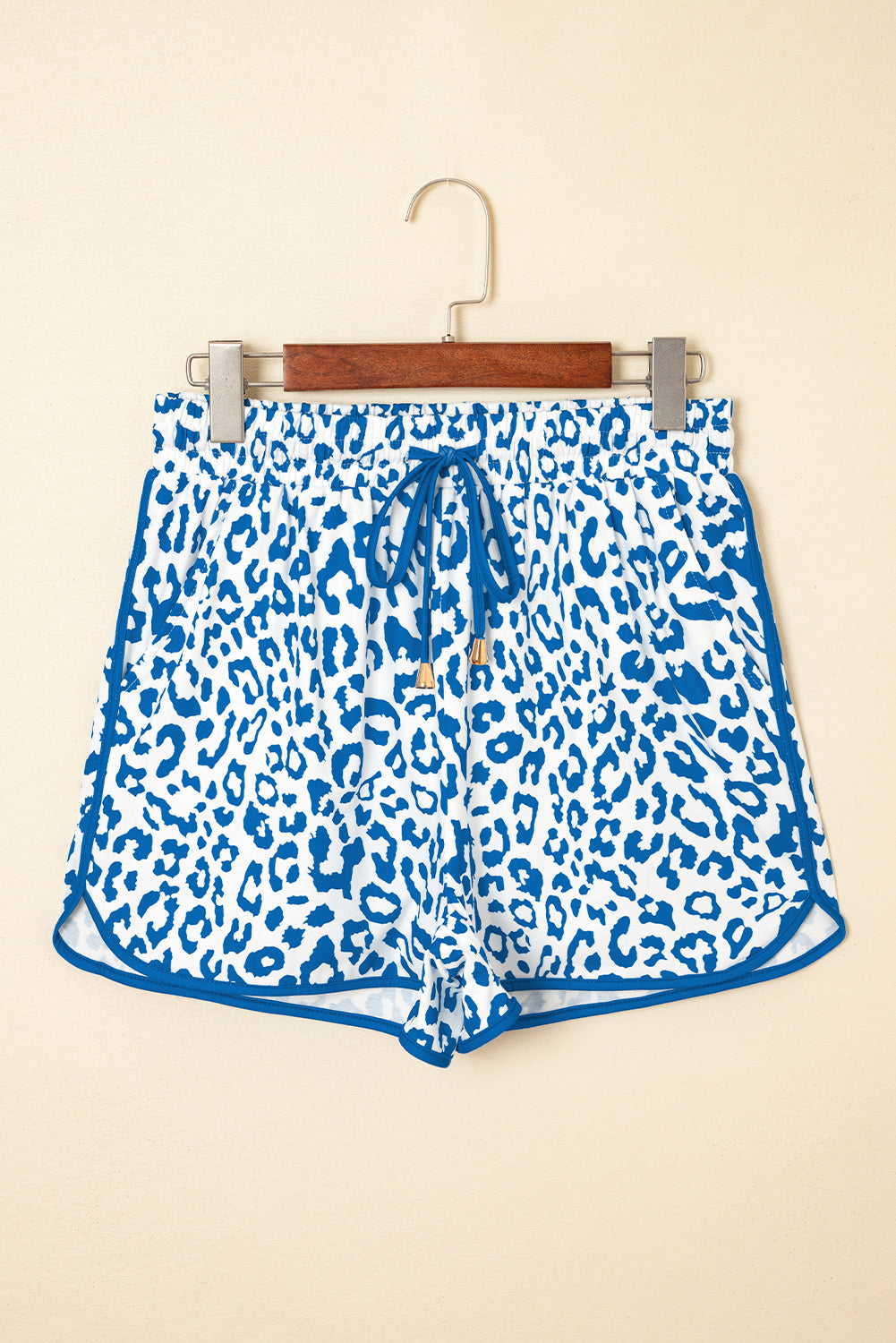 Pantalones cortos casuales con cordones, cintura elástica, ribete en contraste y estampado de leopardo azul