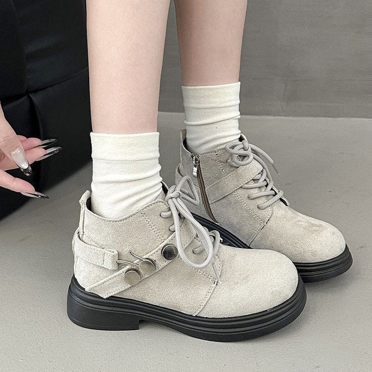 Suede Round Toe Mid-calf Martin Boots, New Arrival For Autumn And Winter, Versatile Fashion Platform Stylish Ankle Boots