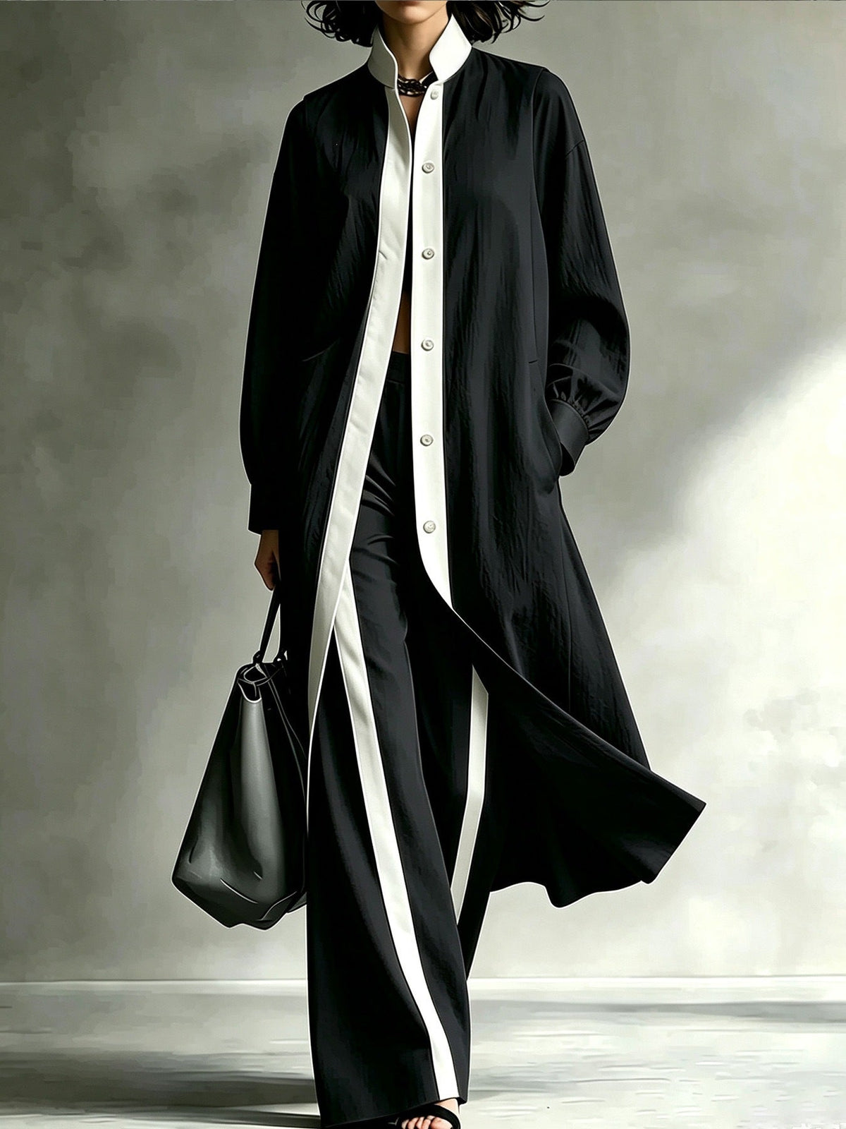 Womens Color-Block Loose-Fit Fashion Long-Sleeve Coat And Pants Set