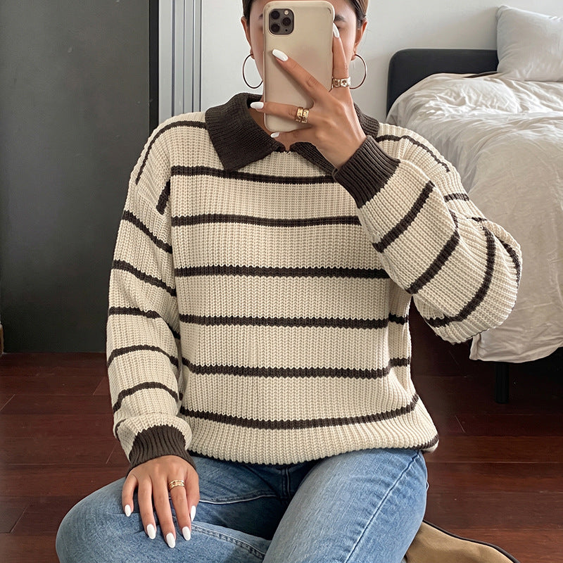 Womens Knitted Top Long-Sleeve Striped Sweater