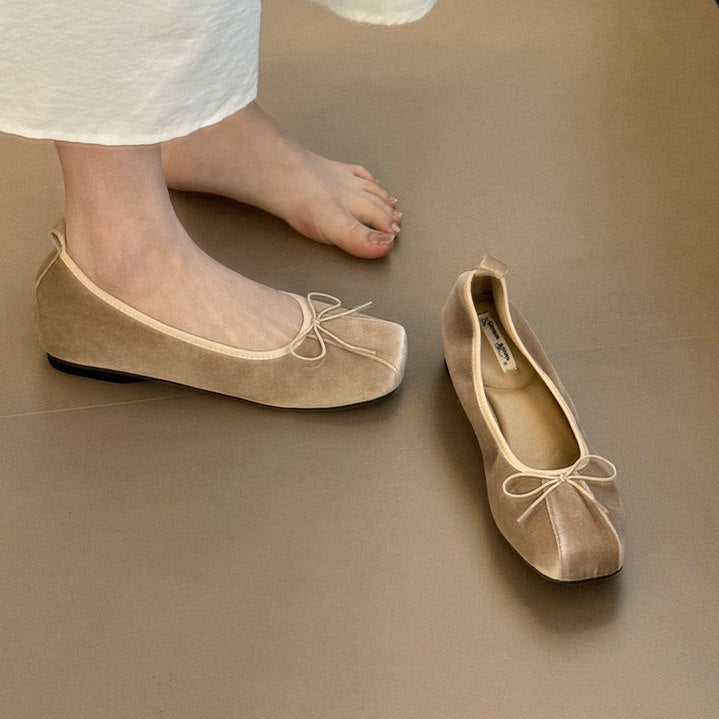 Women Square Toe Soft Leather Bow Decor Ballet Flats, Elegant Shallow Cut Slip-on Casual Shoes