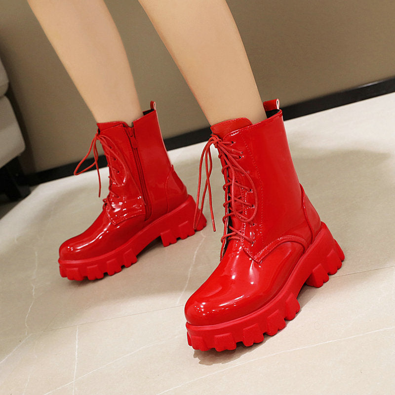 Patent Leather Lace-Up Platform Boots