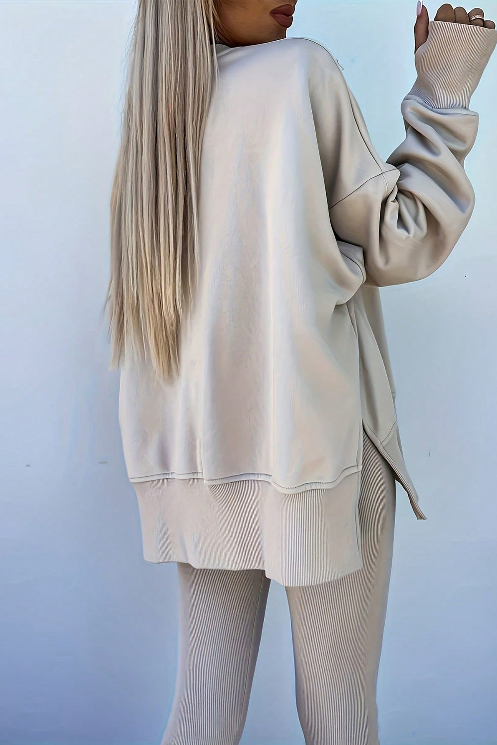 Conjunto de sudadera extragrande con abertura de color liso Jet Stream y leggings acanalados
