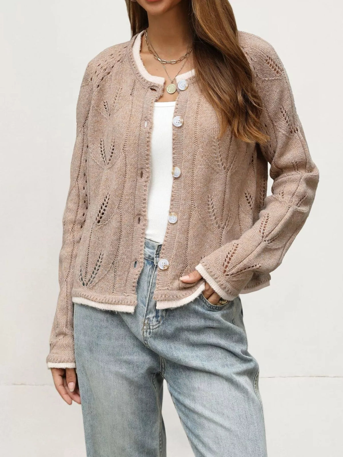 Hollow-Out Knit Button-Down Cardigan