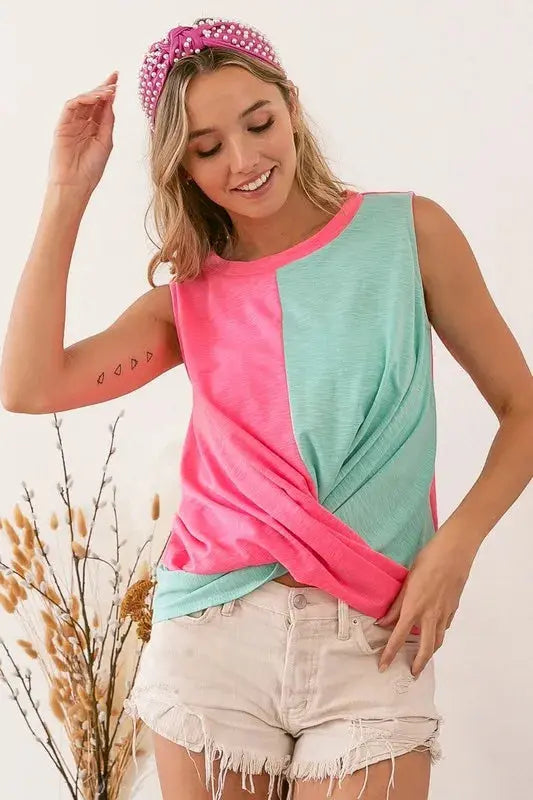 Women's Tank Top - Slub Terry Color Block Twisted - Casual