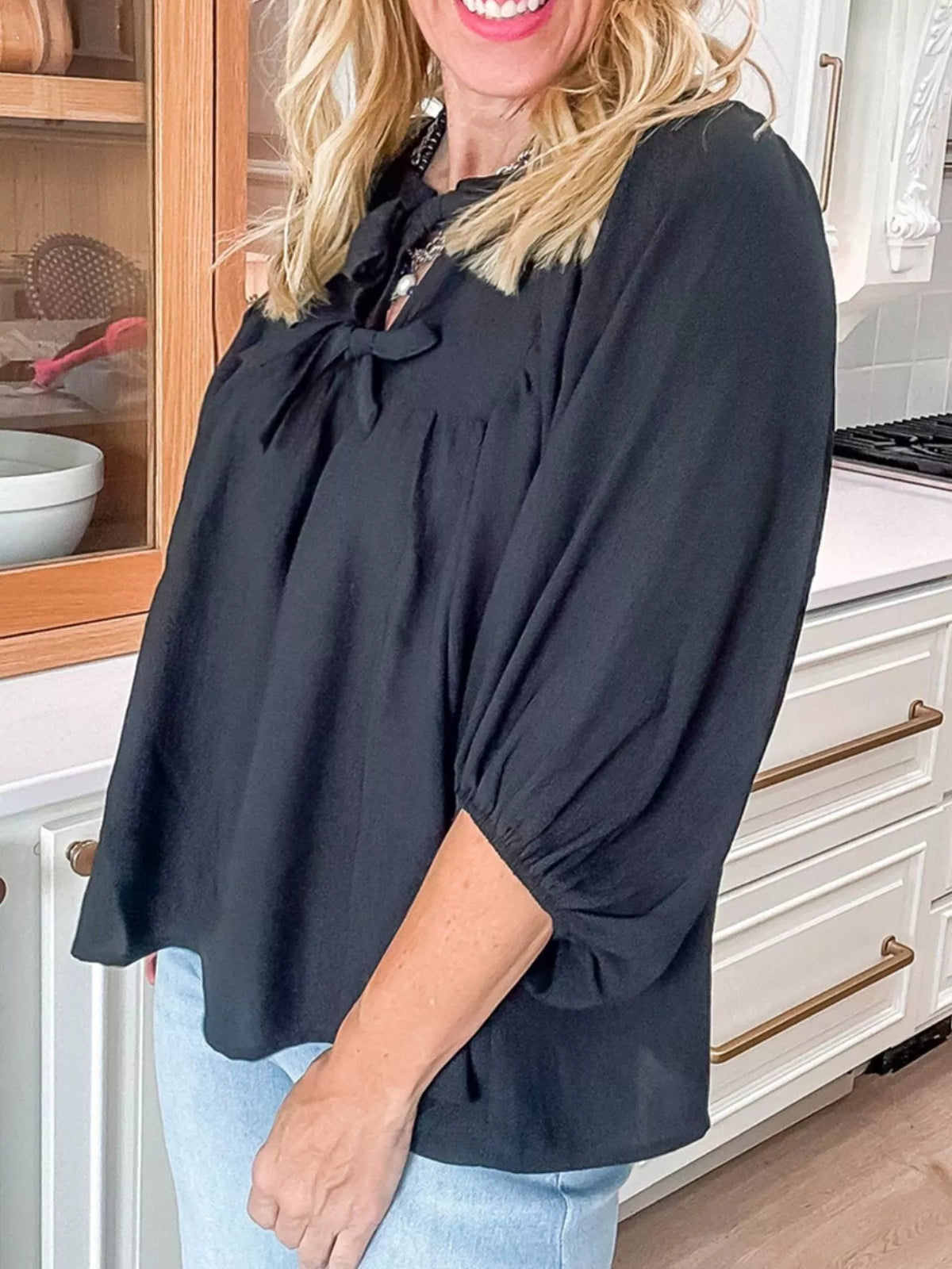 Bow Tie Neck 3/4 Sleeve Casual Blouse