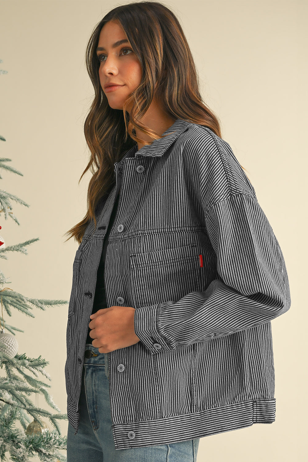 Chaqueta vaquera oversize con bolsillo, lavada a la piedra, a rayas azules