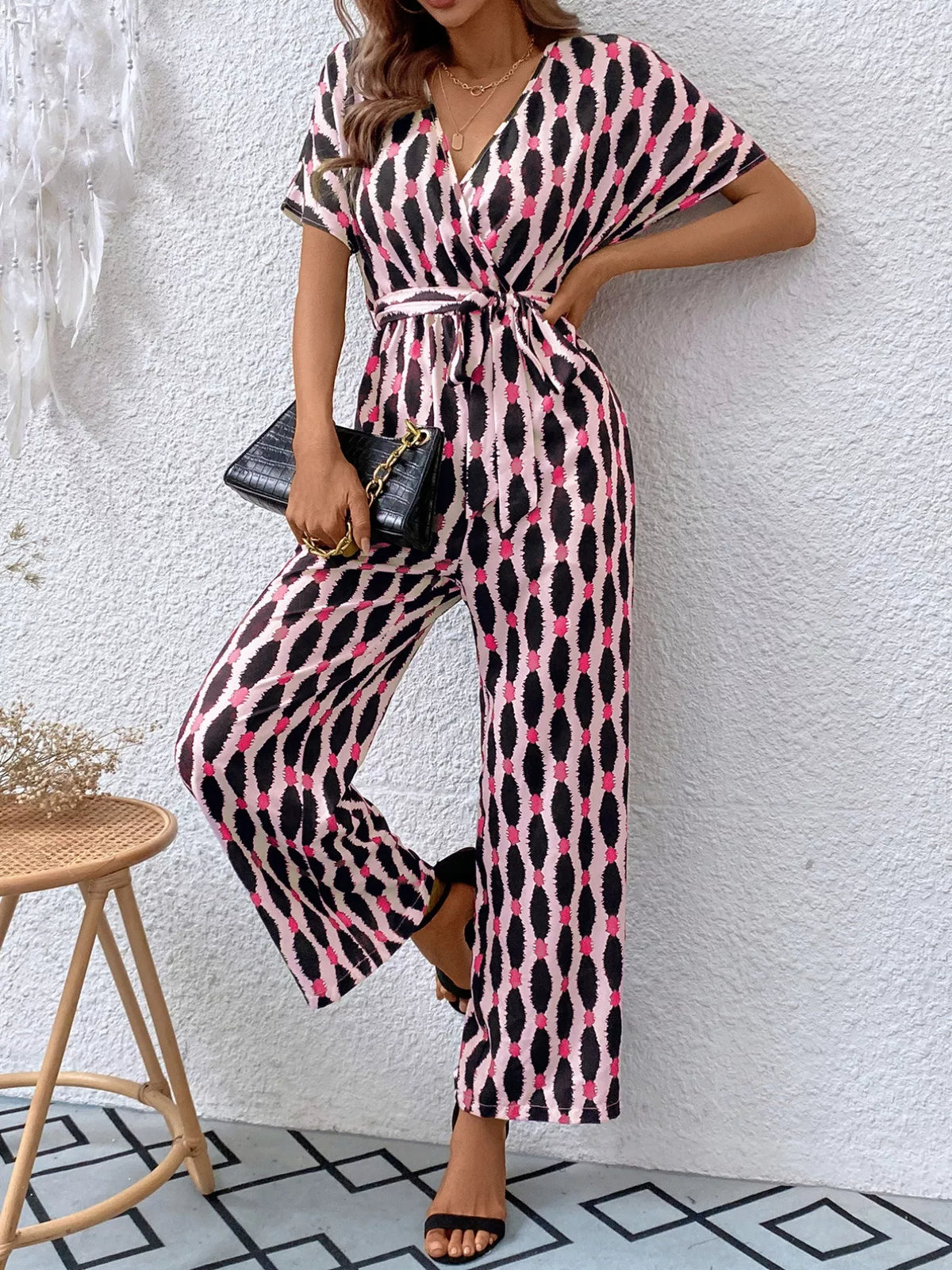 Printed Surplice Tie Waist Short Sleeve Jumpsuit