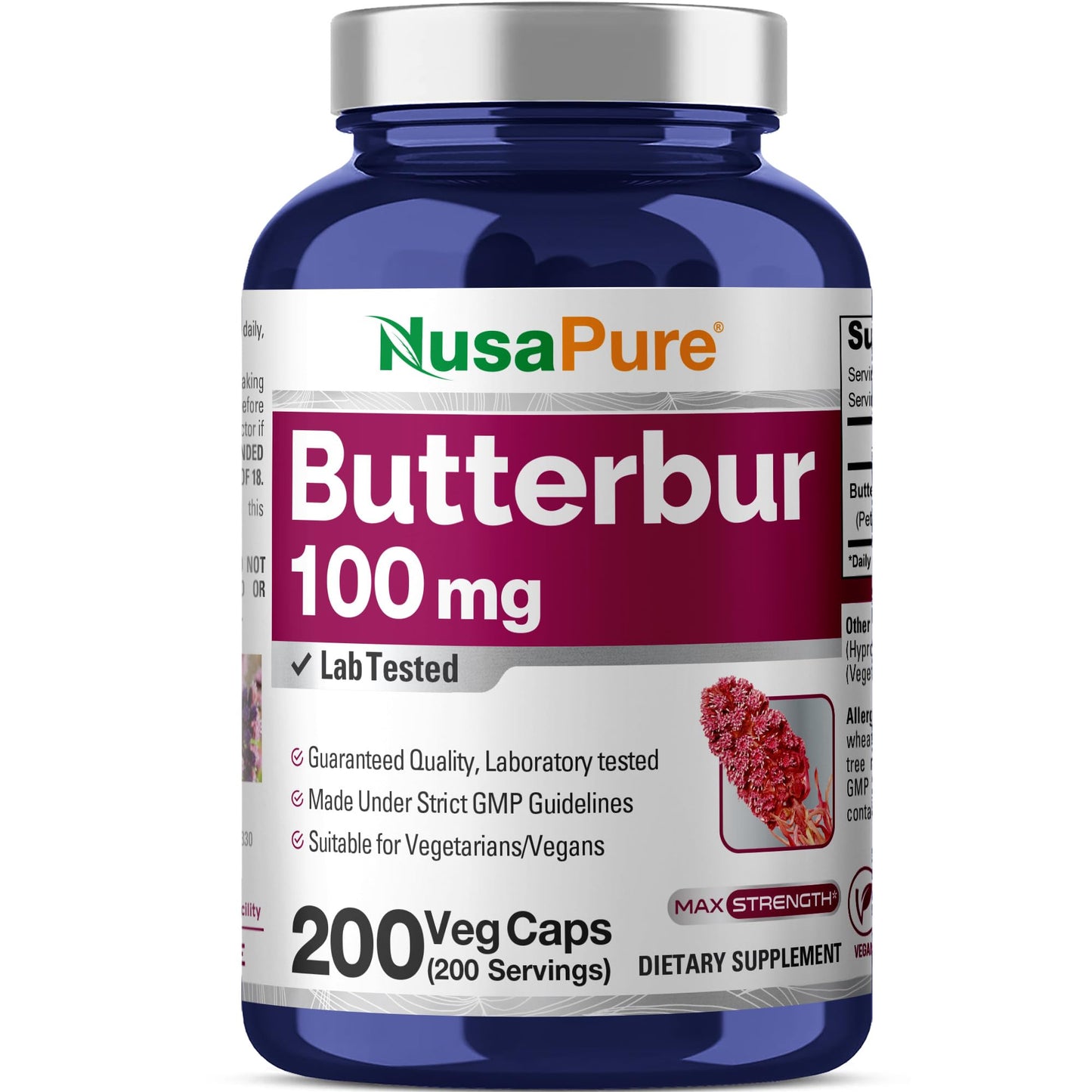 NusaPure Butterbur Extract 100mg per caps 200 Veggie Capsules (Non-GMO, Vegetarian, Vegan)