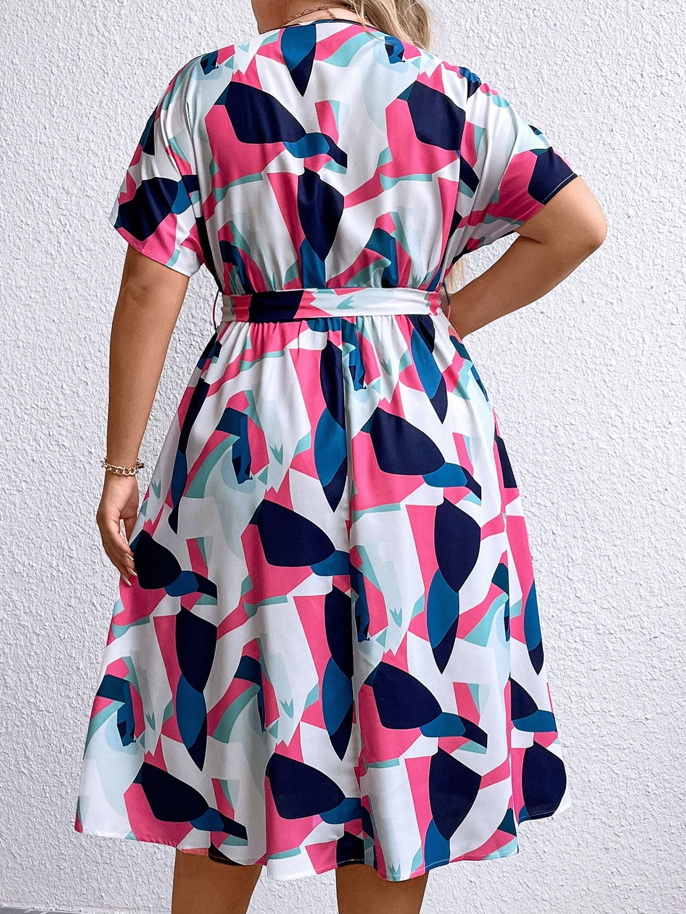 Summer Trendy Geometric Pattern Multi-color Mosaic Women's Plus Size V-neck Dress See size chart under “more details”