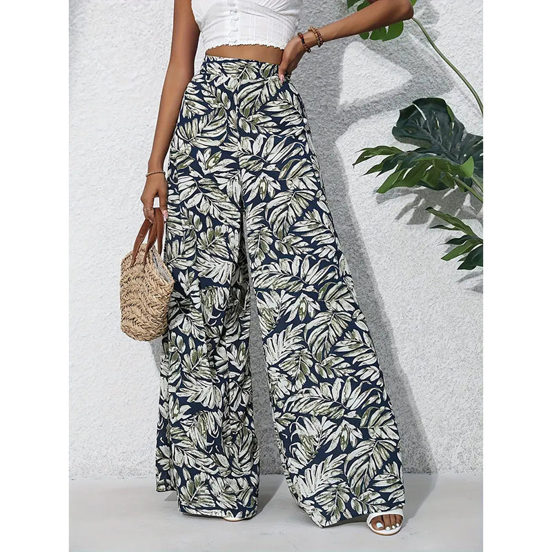 Pantalones palazo de mujer estampados de tiro alto y pierna ancha