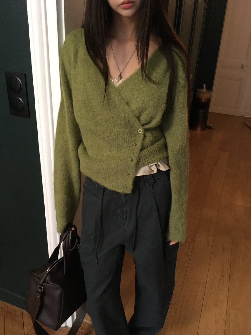 Slimming Long-Sleeved Knitted Sweater With Diagonal Button-Down Design Women's Top