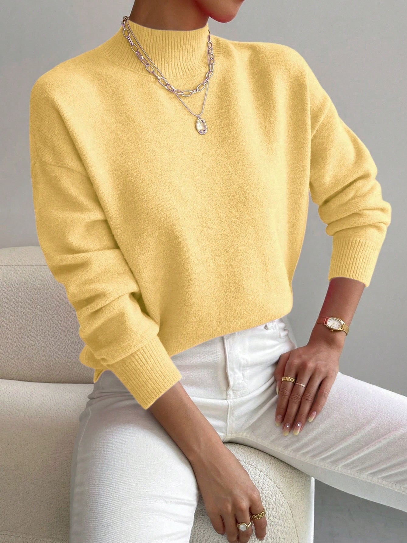 Autumn And Winter Half-high Collar Pullover Women's Fashion Solid Color Loose Knitted Top