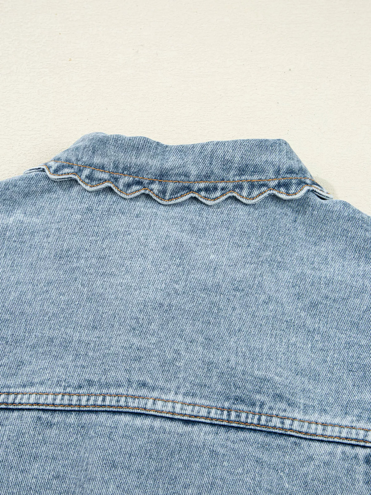 Scallop Trim Collar Patched Pocket Button Up Denim Jacket