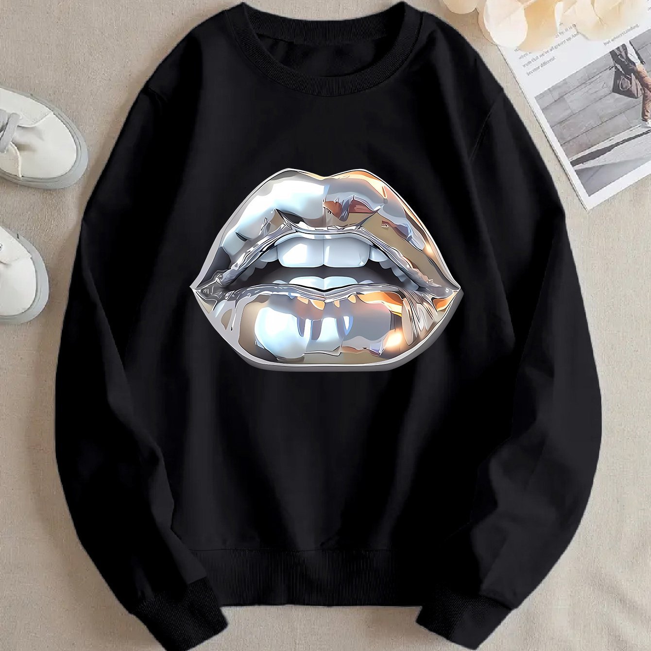 Womens Cartoon Silver Lip-Printed Sweatshirt See size chart under “more details”