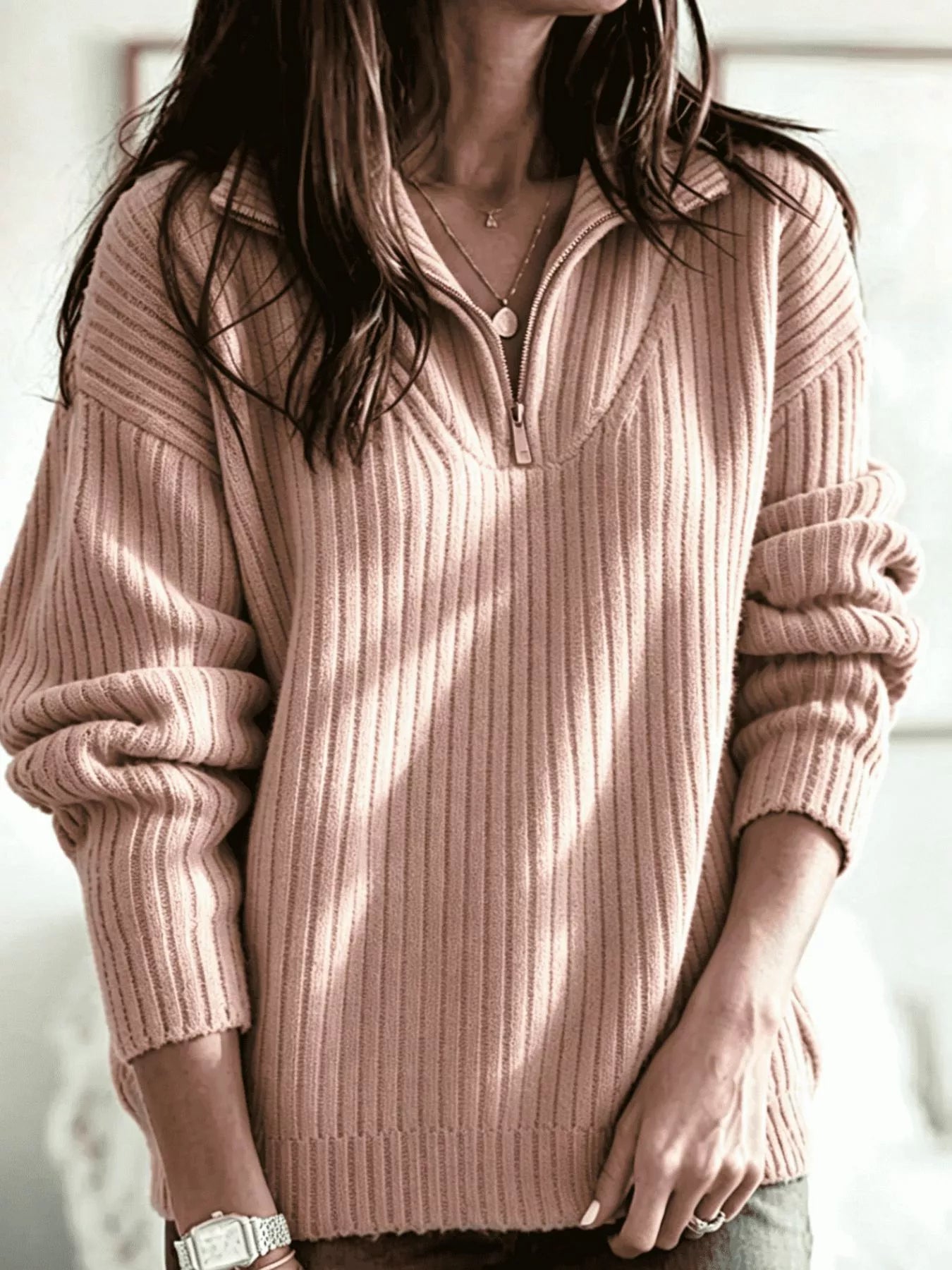 Full Size Half-Zip Textured Sweater Plus Size