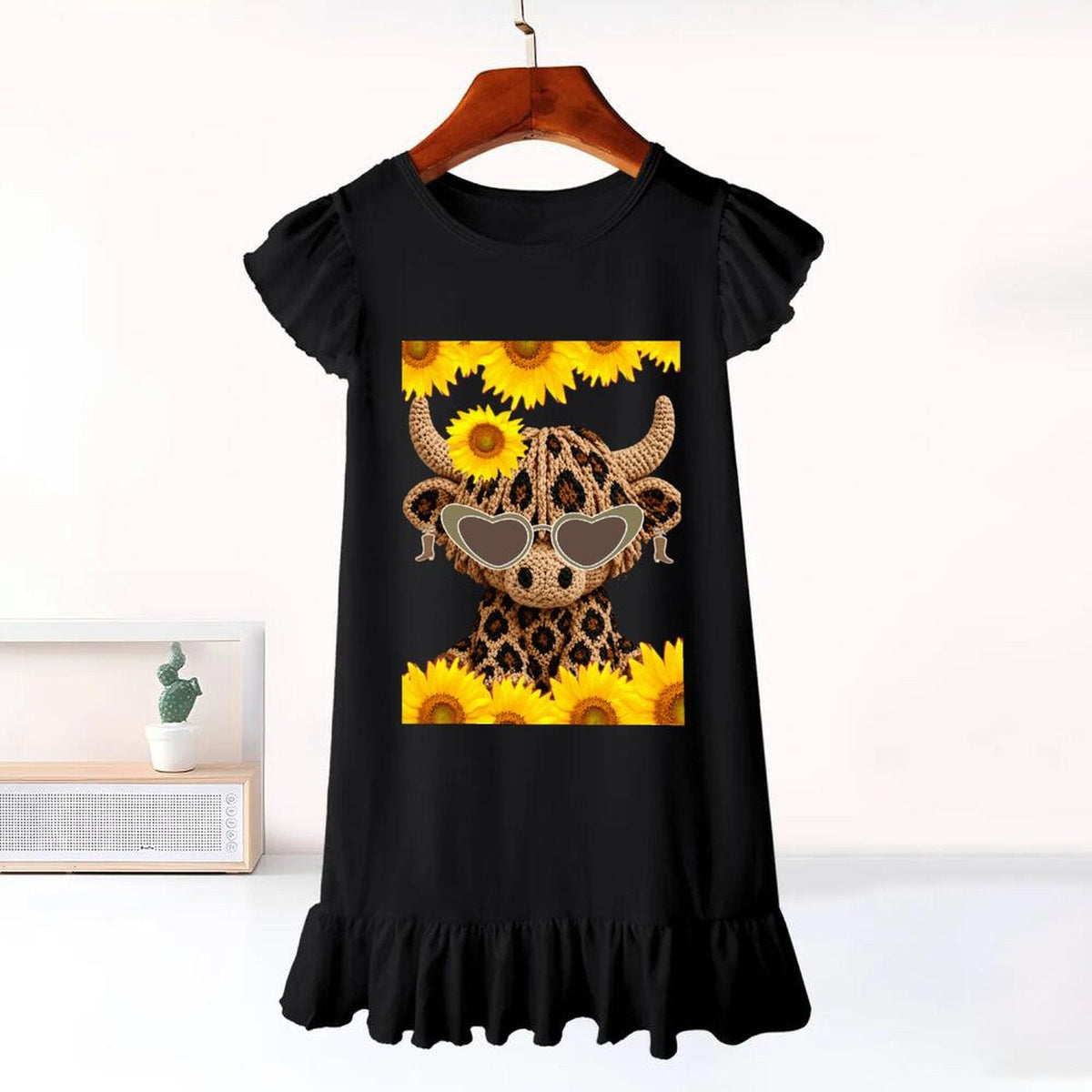 Yarn Highland Cow with Sunflowers Flutter Sleeve Dress for Girls