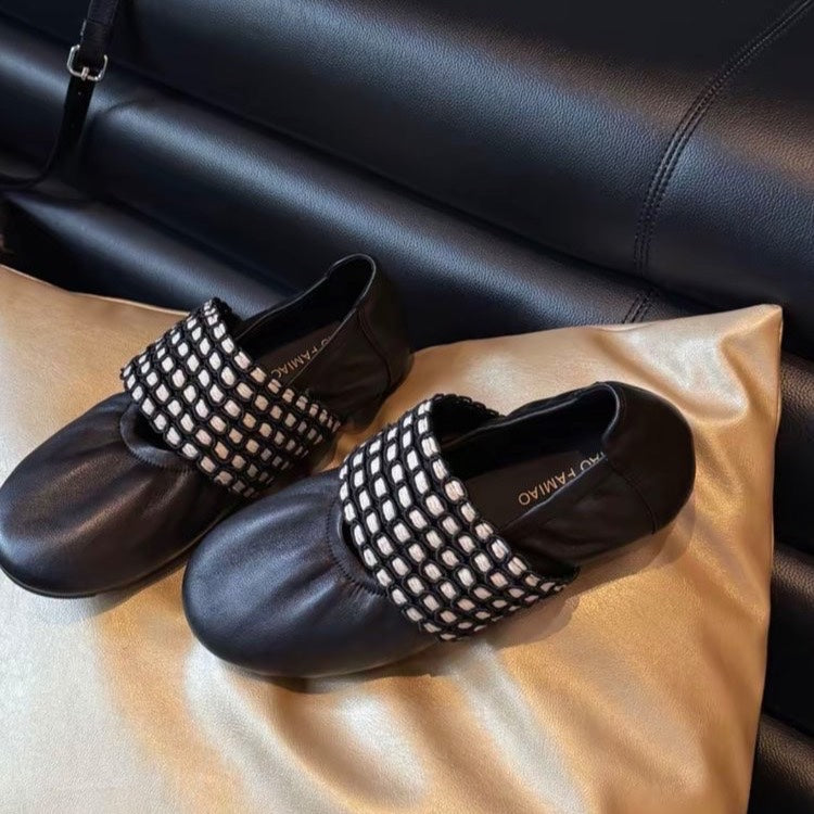 French Retro Hollow-Out Woven Flats Women, 2026 Summer New Arrival Plus Size Round Toe Shallow-Cut Perforated Low Heel Leather Dress Shoes