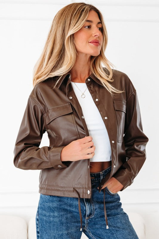 Leather Drawstring Hem Pocketed Jacket See size chart under “more details”