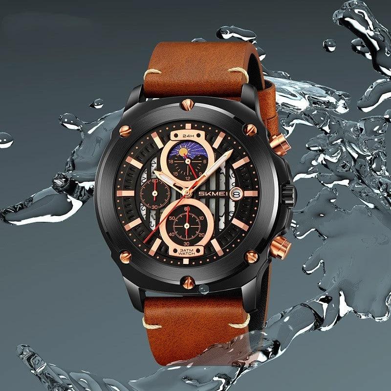 Men's Fashion Trend Leather-belt Three Eyes And Six Needles Quartz Watch