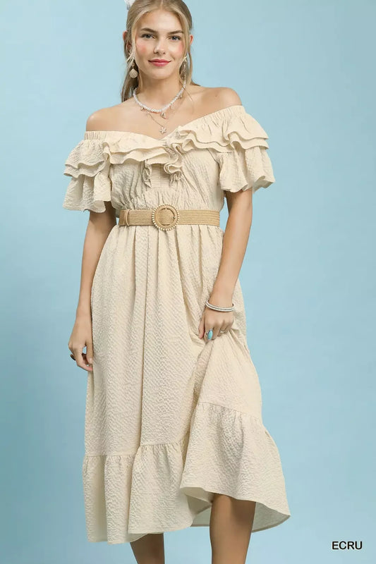 Umgee Textured Ruffle Midi Dress in Ecru