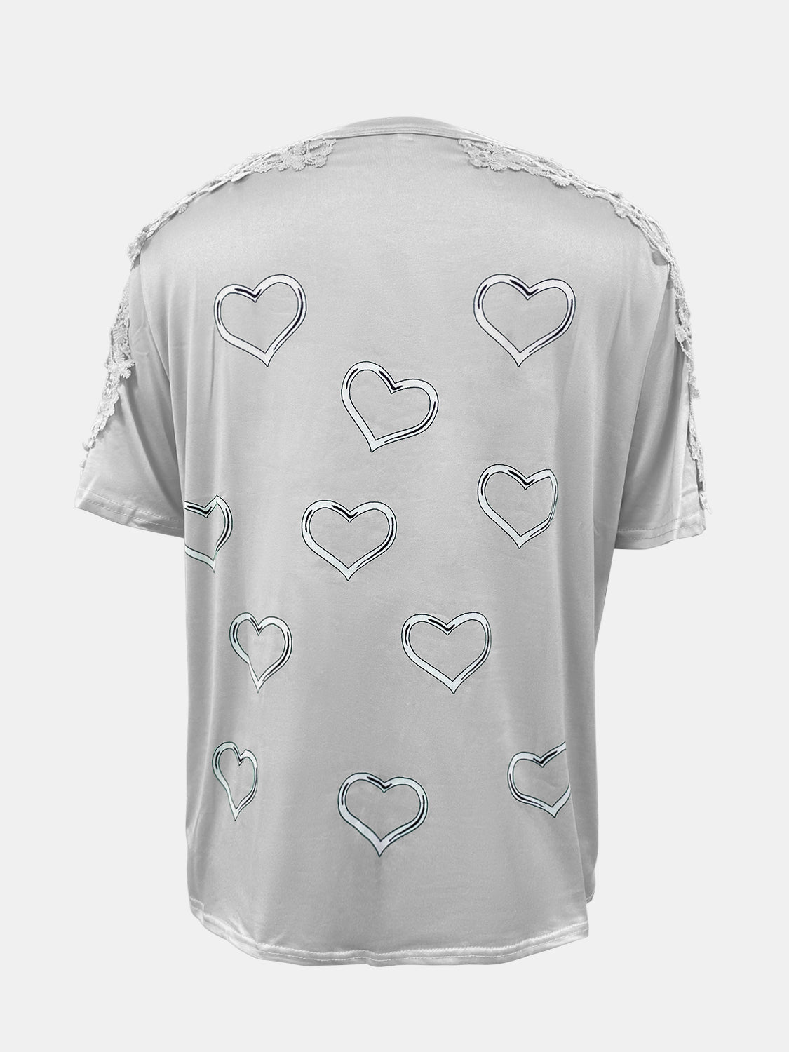 Camiseta de manga corta con cuello redondo, detalle de encaje y corazón, talla grande