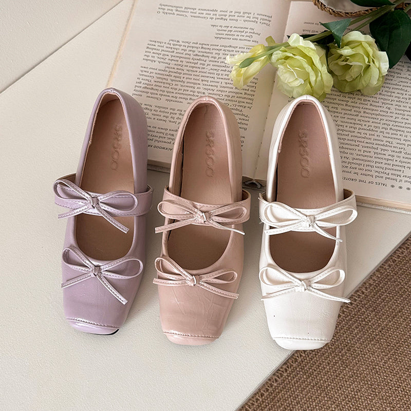 Women Kawaii Double Front Bow Two Ribbon Strap Mary Jane Flats, Square Toe Soft Matte Leather Slip On Gentle Casual Spring Student Doll Ballerina Loafer Shoes